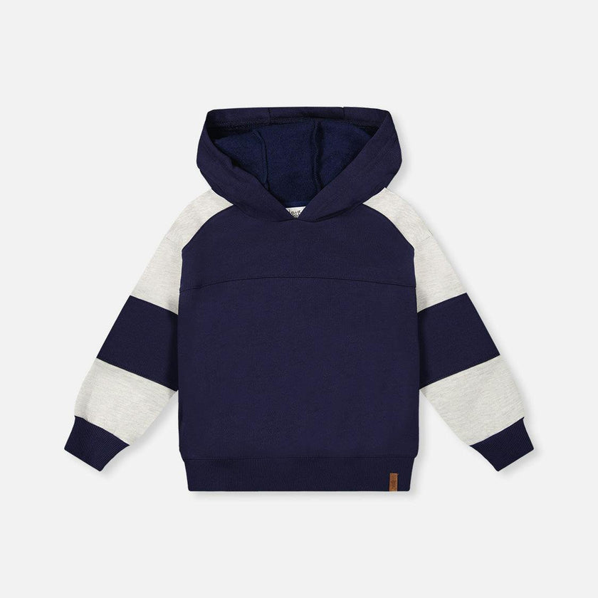 Hooded Striped Fleece Cardigan Dark Blue and Beige