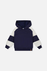 Hooded Striped Fleece Cardigan Dark Blue and Beige