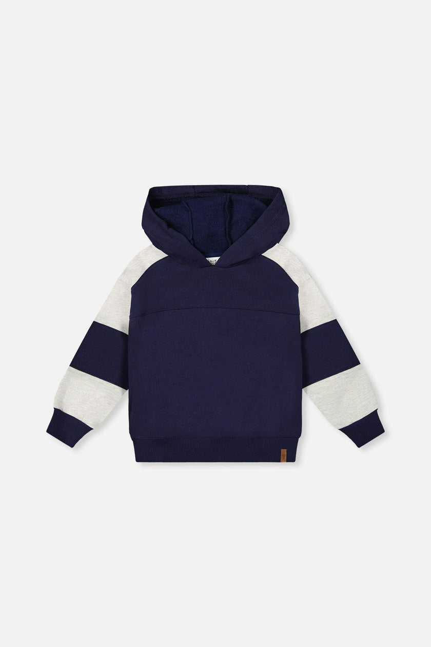 Hooded Striped Fleece Cardigan Dark Blue and Beige