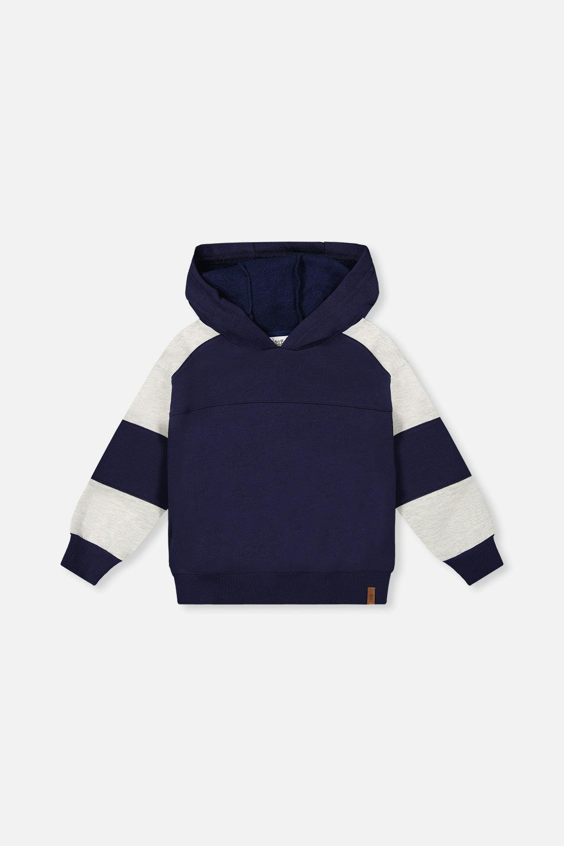 Hooded Striped Fleece Cardigan Dark Blue and Beige