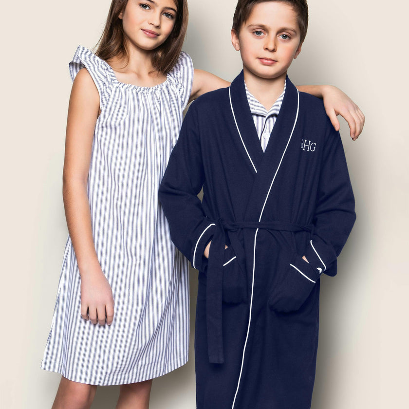 Kid's Flannel Robe in Navy with White Piping