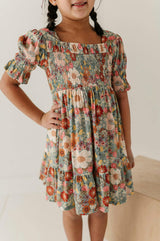 Girls Short Sleeve Smocked Babydoll Dress in Hedde Floral