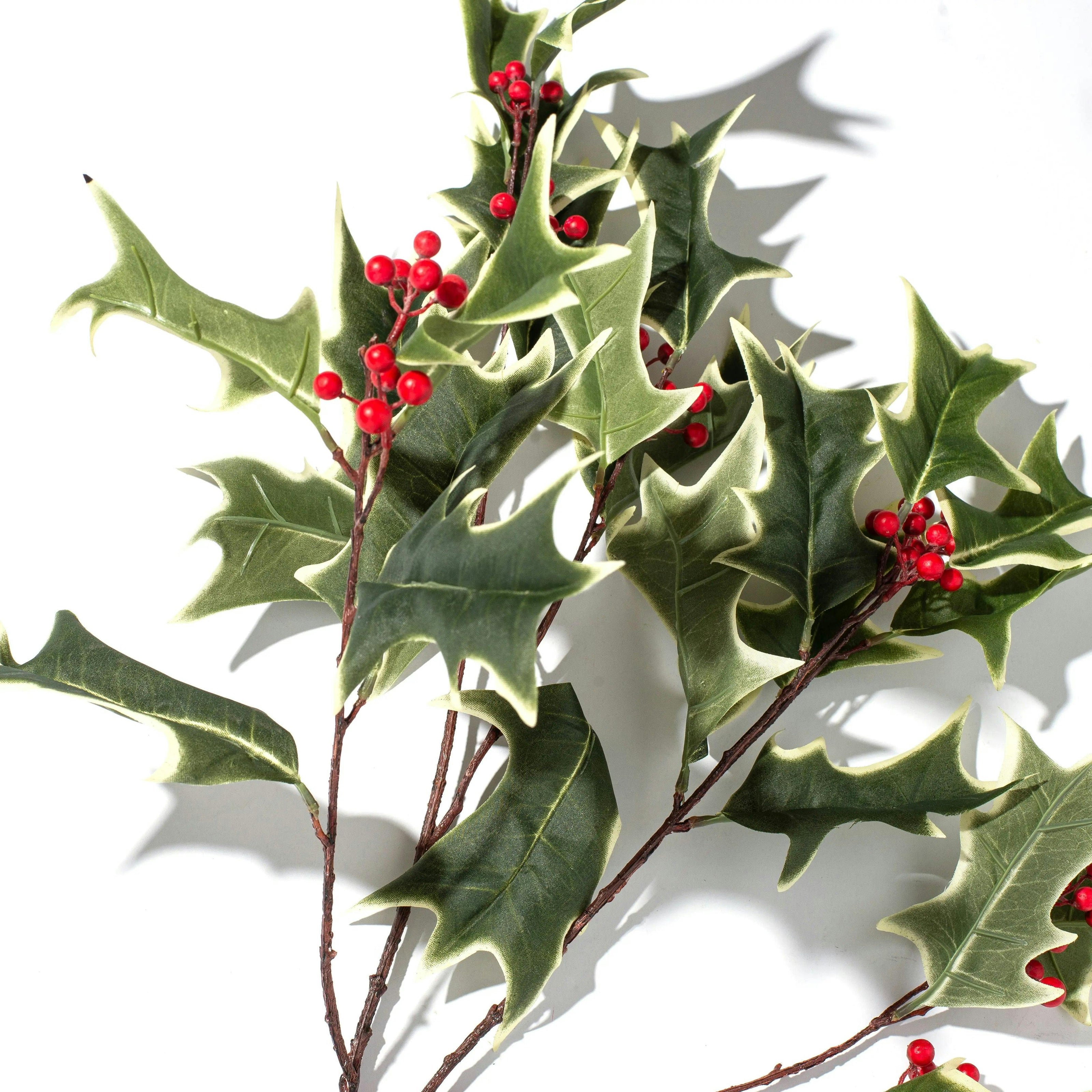 Green Variegated Large Holly Berry Branch Faux Christmas Botanical Winter Foliage - 31