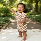 Brown Checkered Soft Touch 2pc T-Shirt & Short Set