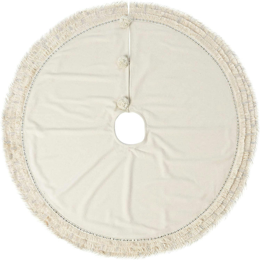 Handmade Cream Fringe Border Christmas Tree Skirt Wool 60"
