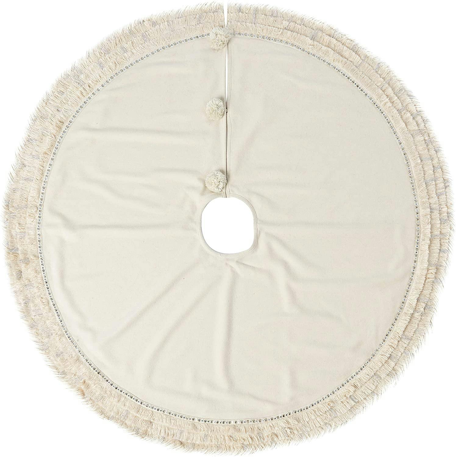 Handmade Cream Fringe Border Christmas Tree Skirt Wool 60