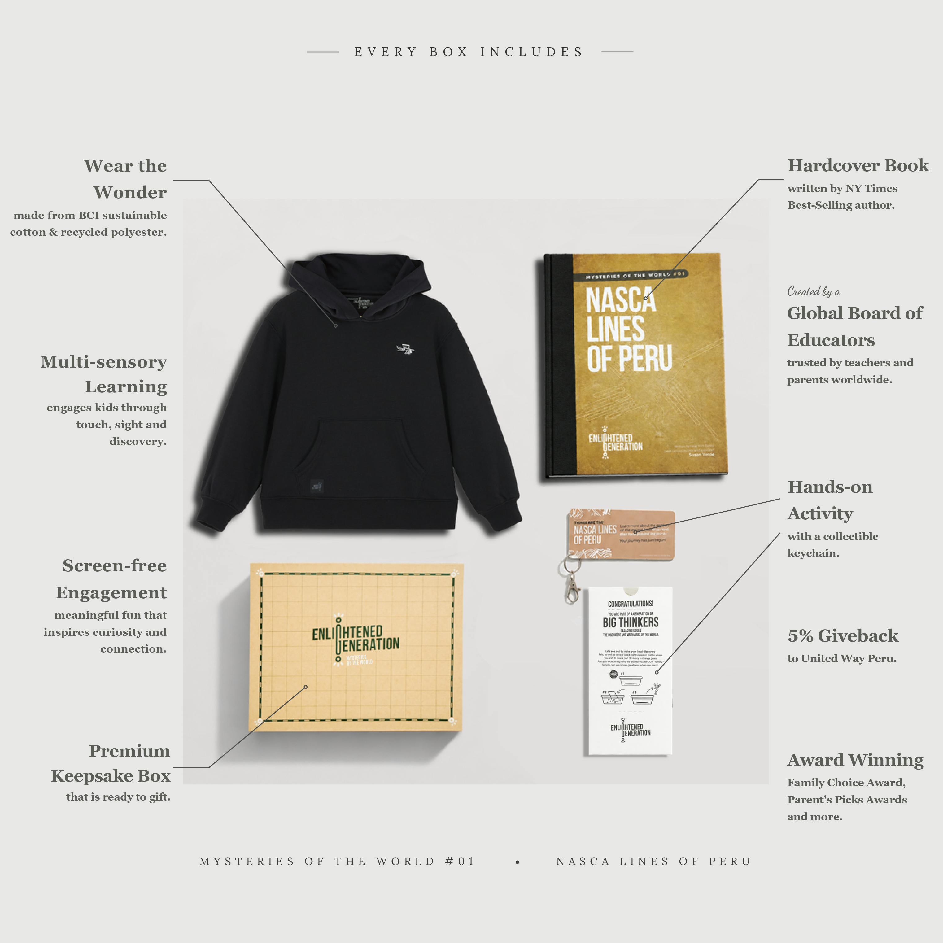 Nasca Ancient Mystery Gift Box with Black Embroidered Pelican Kids Hoodie, Book, and Activities