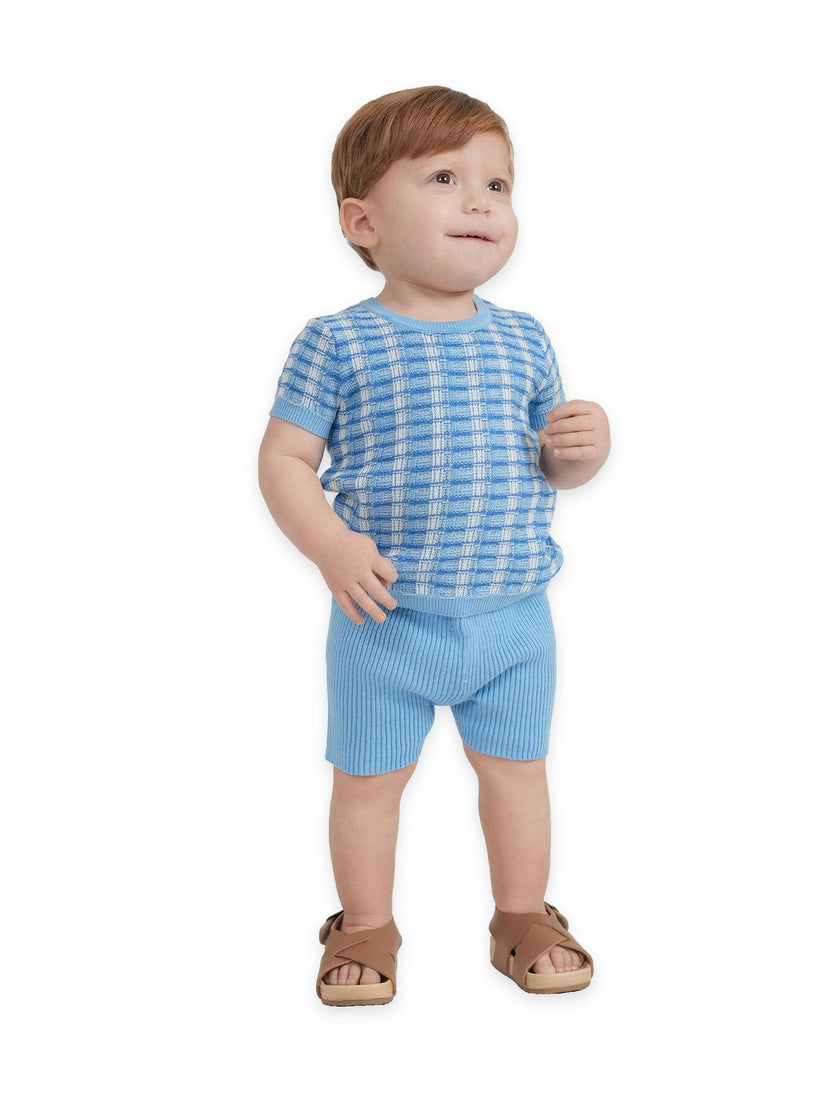 Basket Weave Short Sleeve Knit Sweater & Rib Short Set