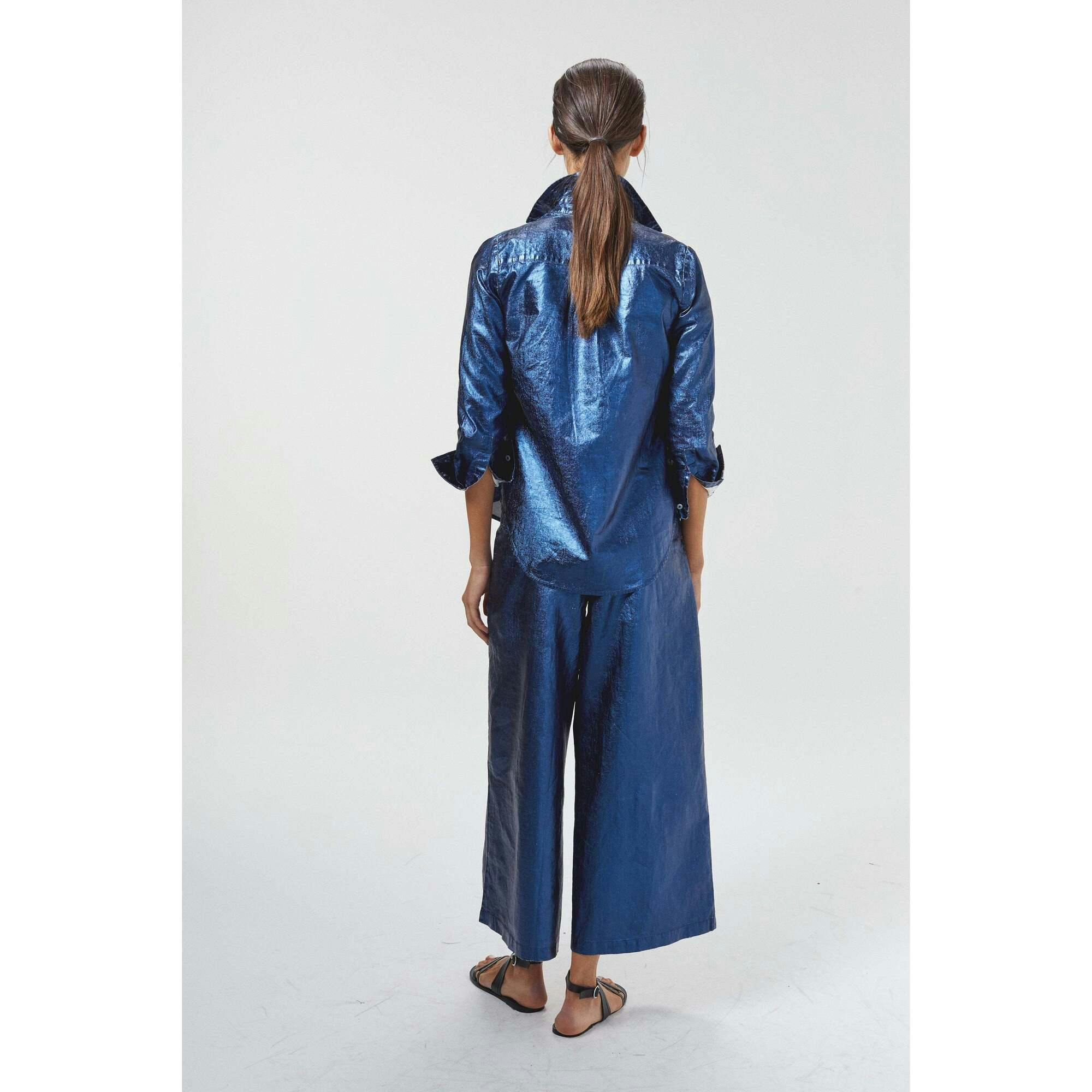 Culotte Metallic Linen Pants - Dark Blue