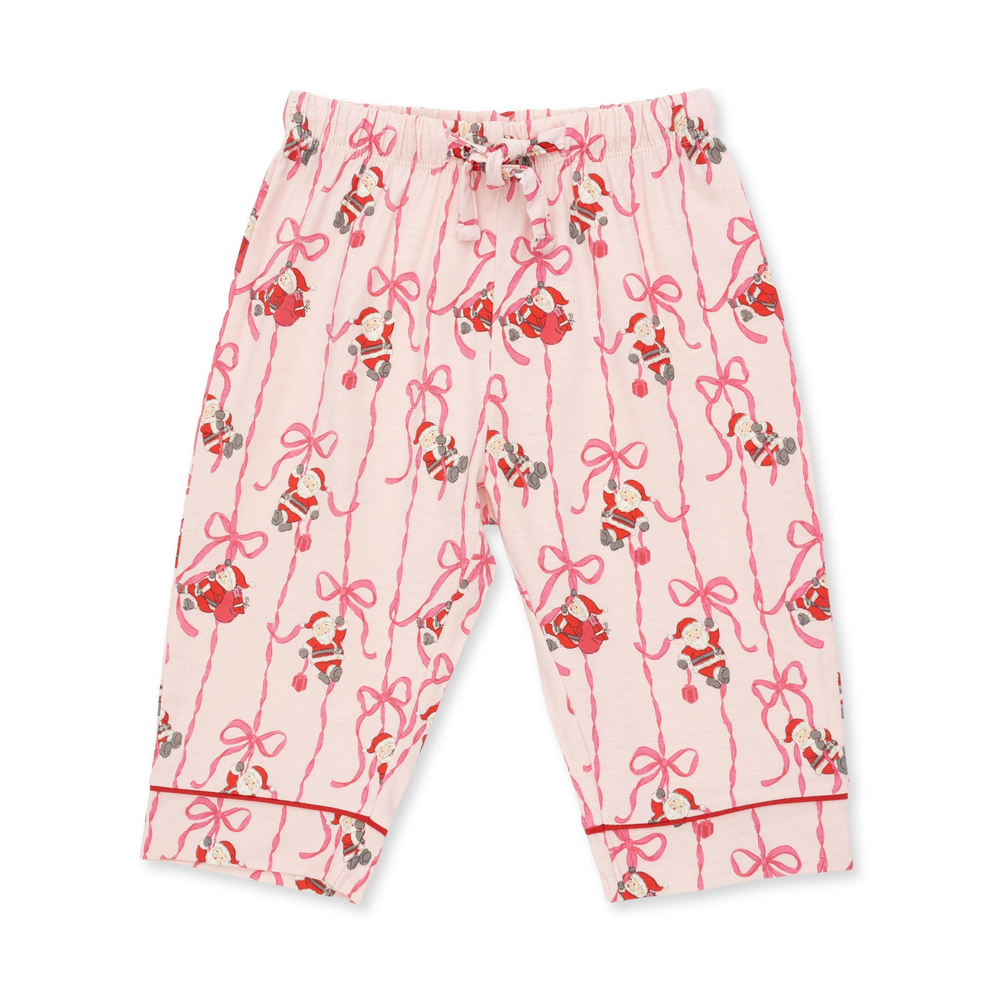 Bows & Santa - Knit Flame Resistant Kids Long Sleeve Coat Style with Pant