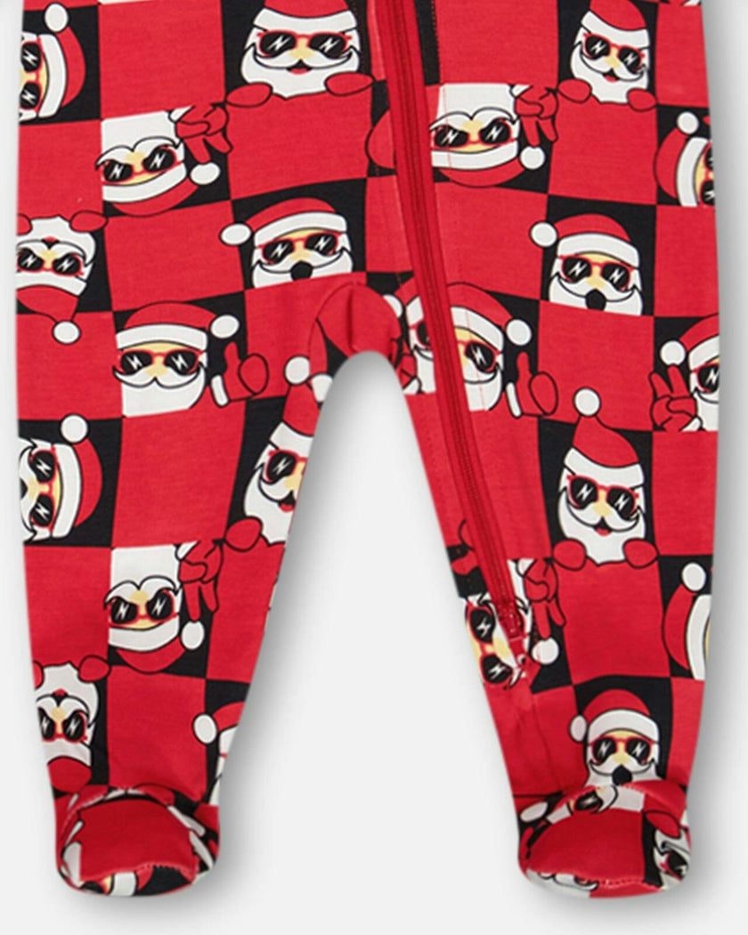 Organic Cotton One Piece Pajama Red Printed Santa