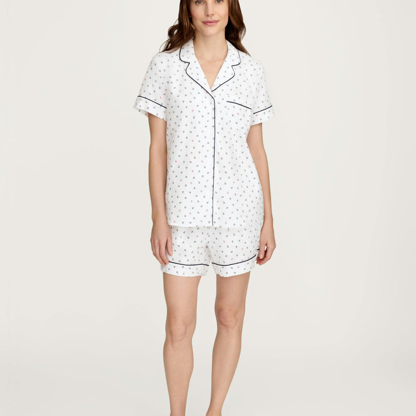 Women's Twill Short Sleeve Short Set in Anchors Away White