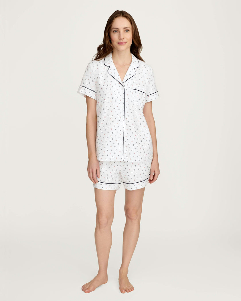 Women's Twill Short Sleeve Short Set in Anchors Away White
