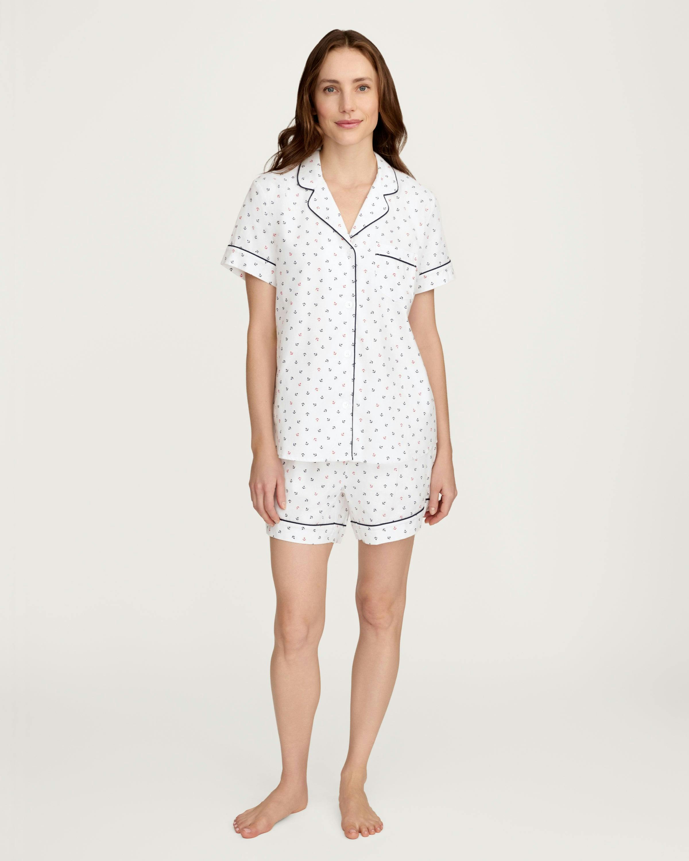Women's Twill Short Sleeve Short Set in Anchors Away White