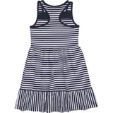 Navy Stripe Knit Dress With Shirred Skirt