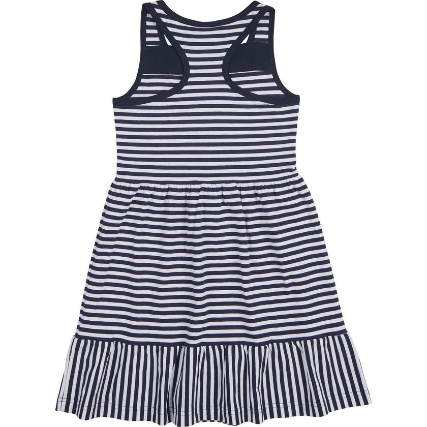 Navy Stripe Knit Dress With Shirred Skirt
