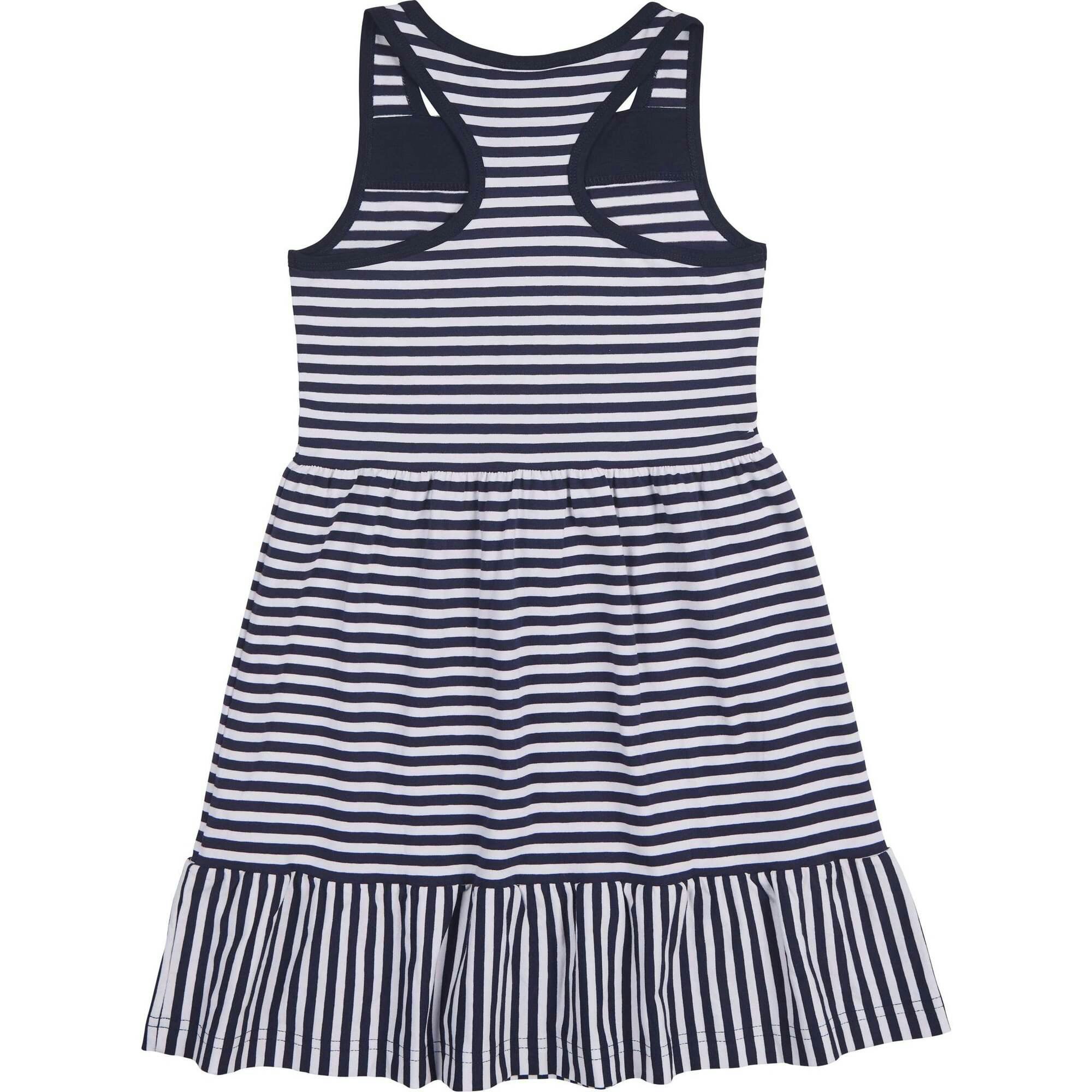 Navy Stripe Knit Dress With Shirred Skirt