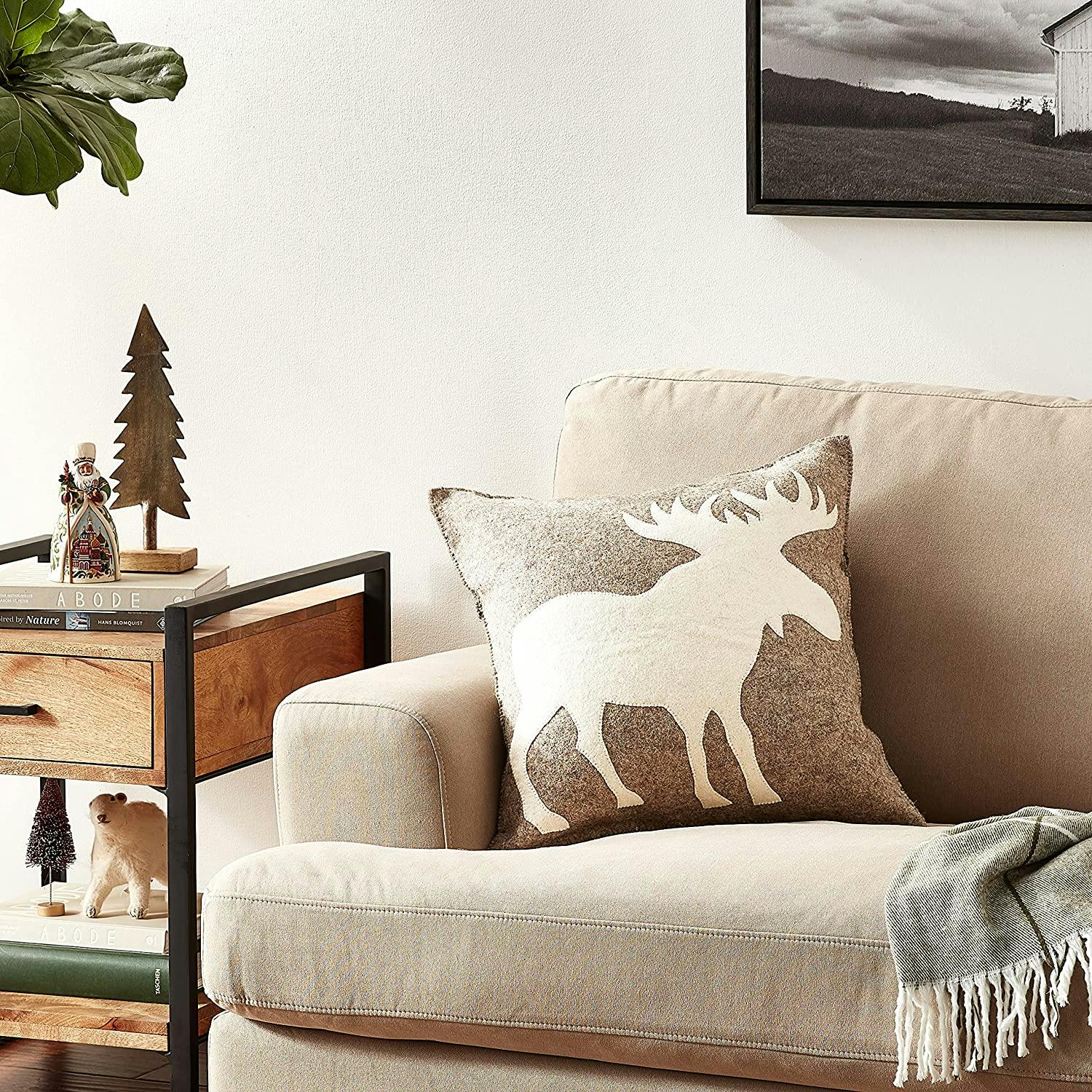 Hand Felted Wool Pillow - Cream Moose Silhouette Gray - 20