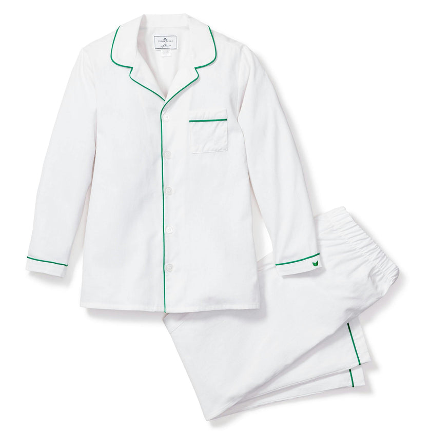 Kid's Twill Pajama Set in White with Green Piping