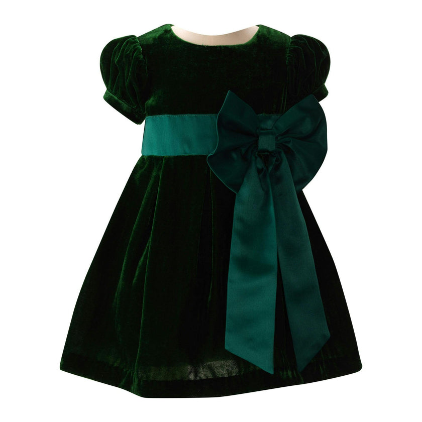 Baby Crushed Velvet Bow Ribbon Tie Short Puff Sleeve Dress