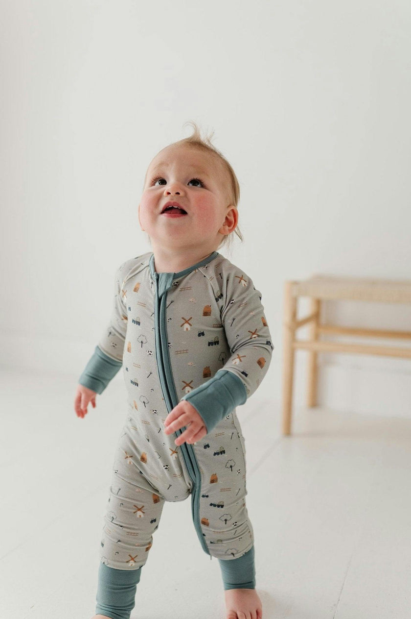 Baby Boy Long Sleeve Zip Romper in Farm