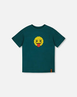 Organic Cotton Jersey T-Shirt With Print Dark Turquoise