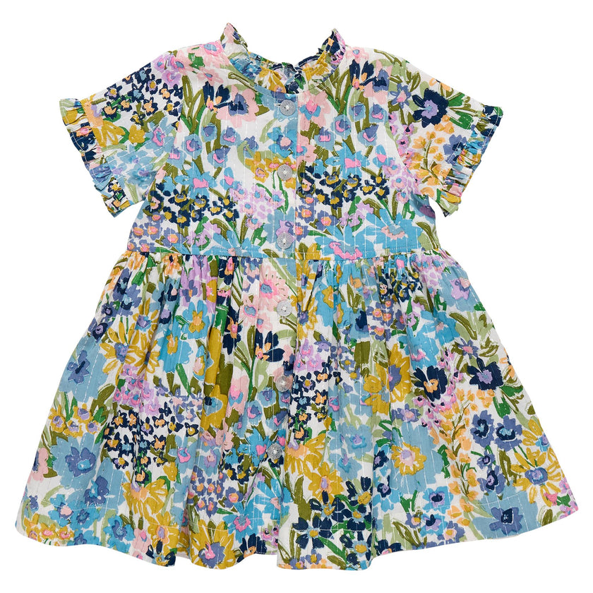 Girls Autumn Dress - Blue Large Sketched Floral