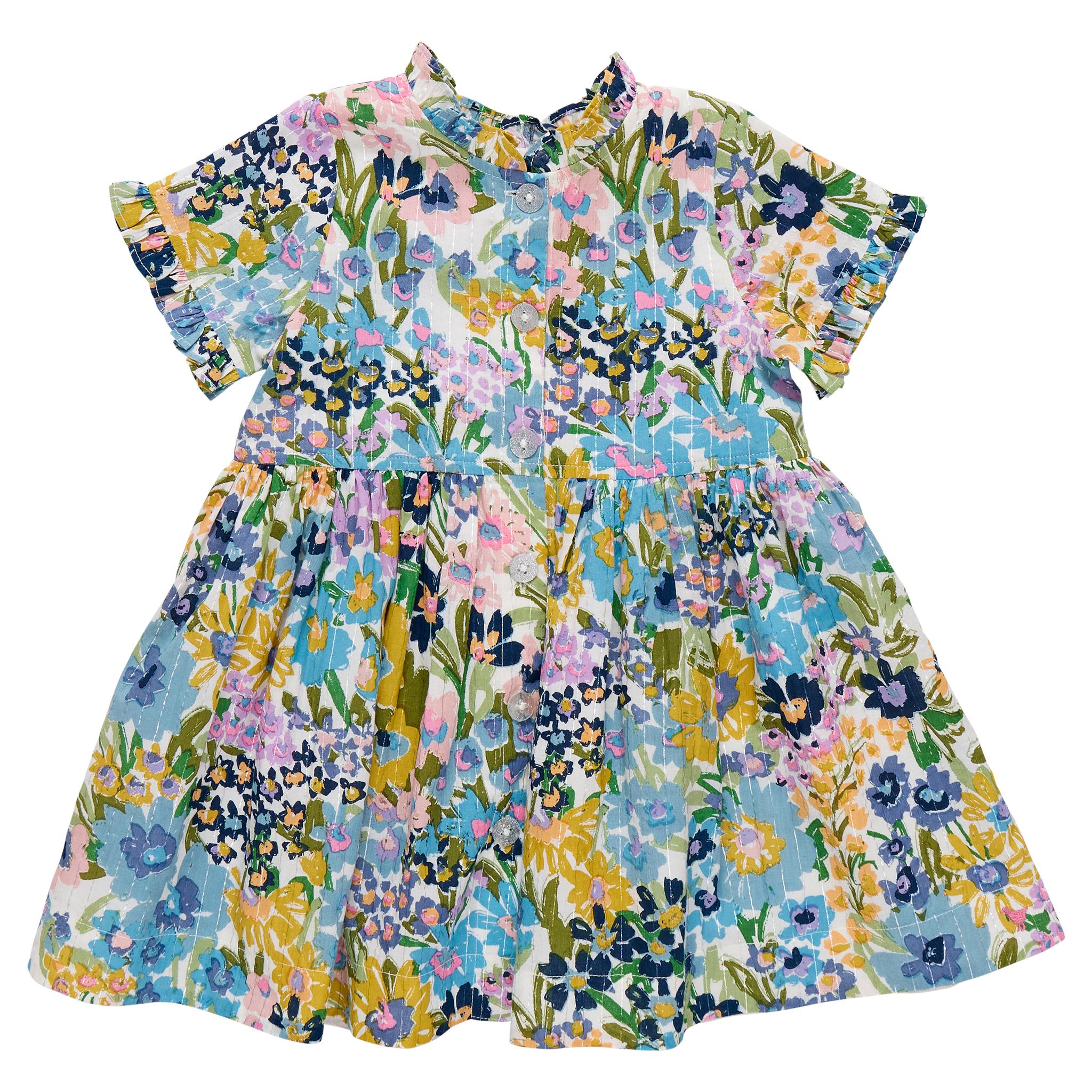 Girls Autumn Dress - Blue Large Sketched Floral