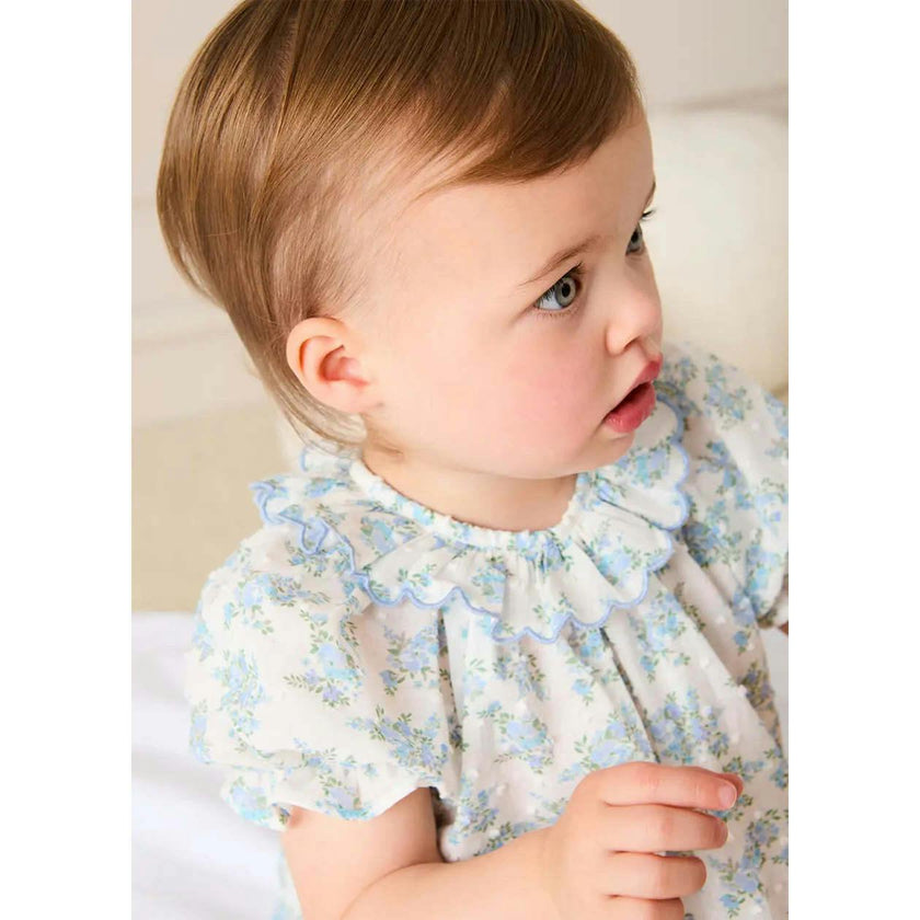 Esme Floral Swiss Voile Scallop Detail All-In-One Pyjamas in Blue (9mths-2yrs)
