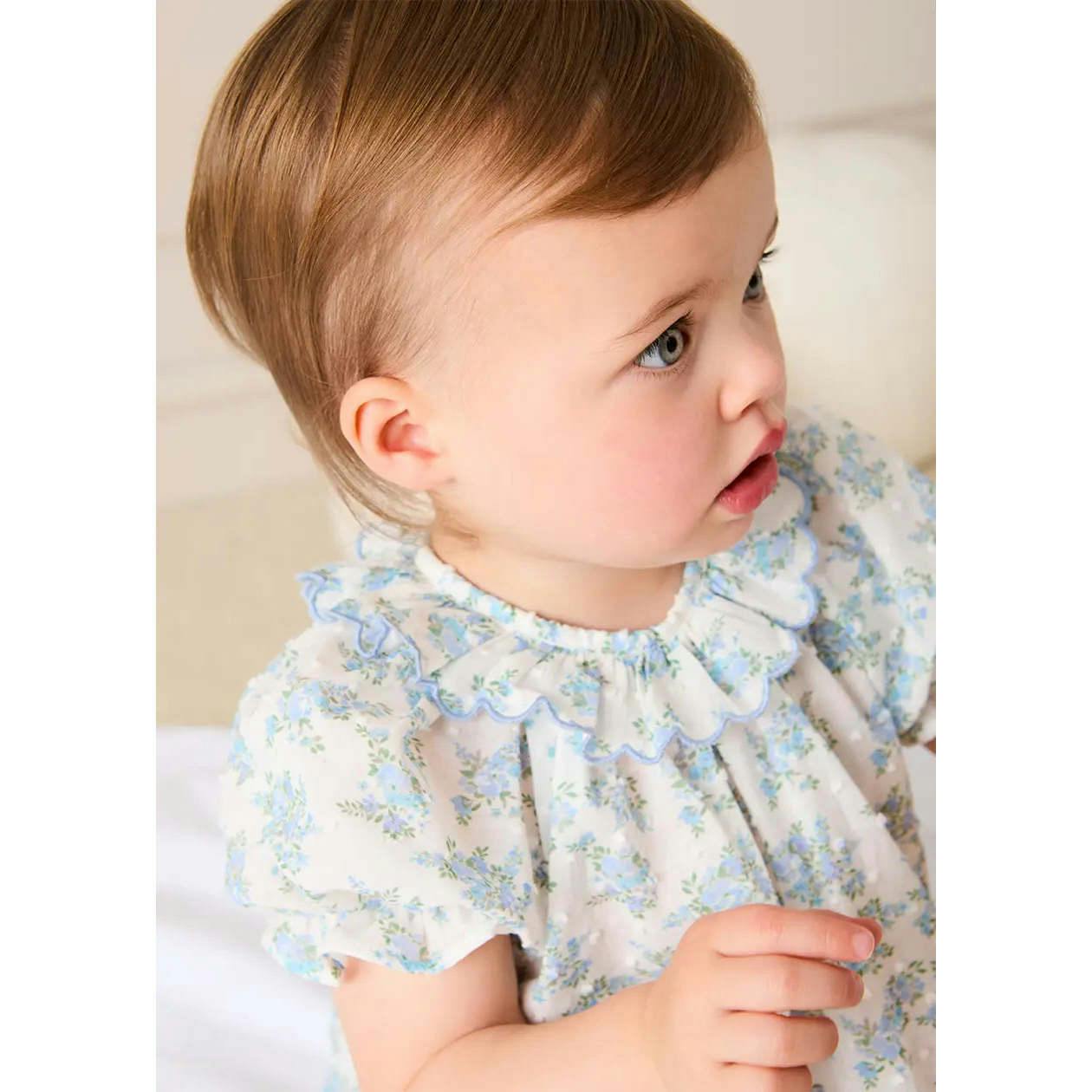 Esme Floral Swiss Voile Scallop Detail All-In-One Pyjamas in Blue (9mths-2yrs)