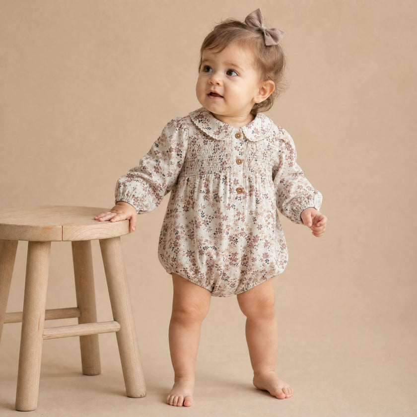 Organic Smocked Long Sleeve Bubble Romper - Wild Sprig