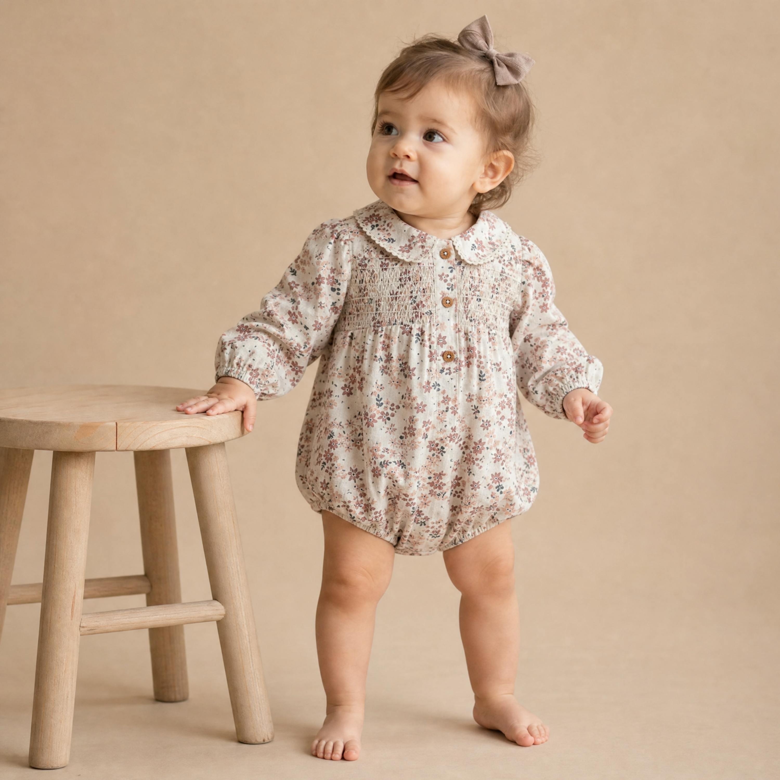 Organic Smocked Long Sleeve Bubble Romper - Wild Sprig