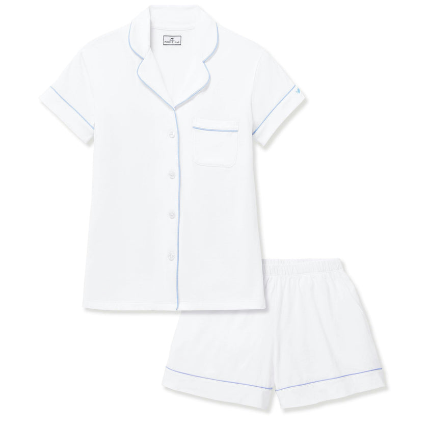 Women's Pima Short Set in White with Periwinkle Piping