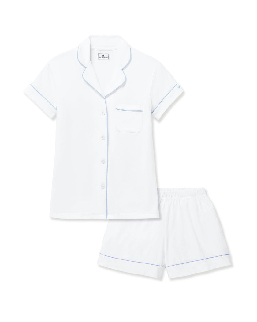 Women's Pima Short Set in White with Periwinkle Piping