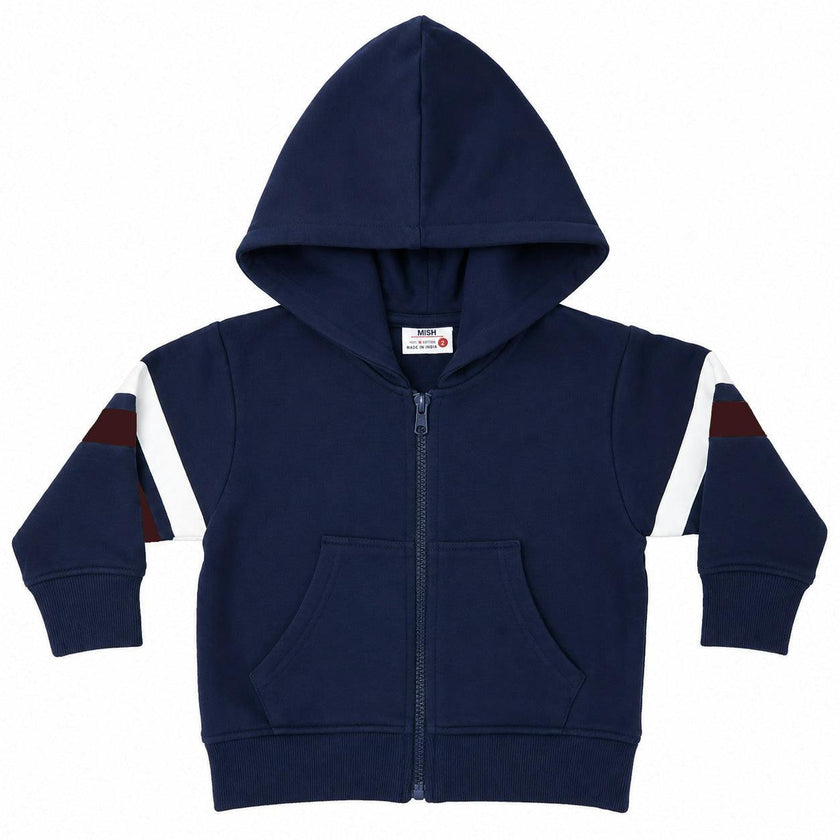 Kids French Terry Zip Hoodie with Stripes - Navy