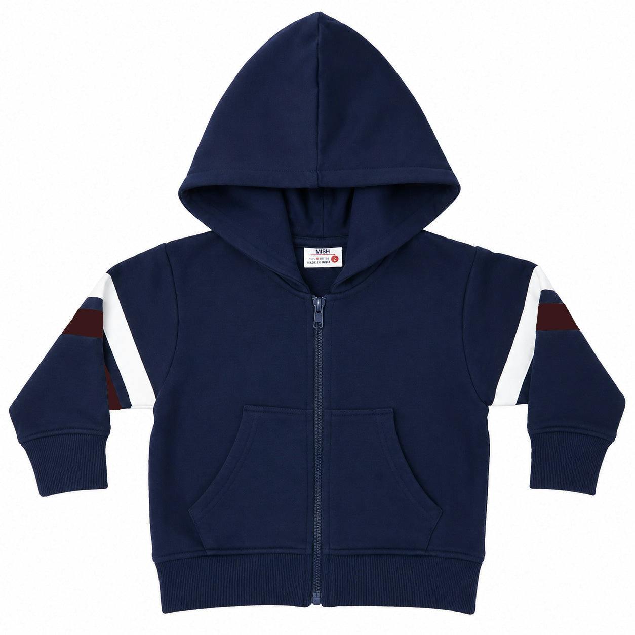Kids French Terry Zip Hoodie with Stripes - Navy