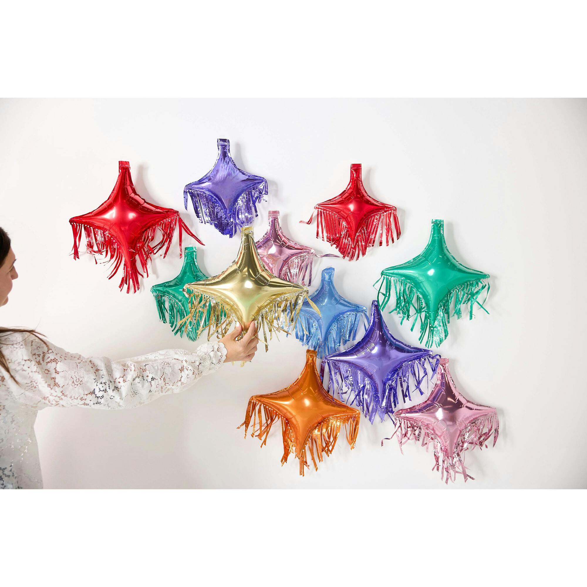 Packed Party Rainbow Fringe Spark Mylar Balloon Pack 14ct - Multicolor Spark-Shaped Balloons with Shiny Fringe Tassels, Large 16x14 and Small 12x10.5 Inch
