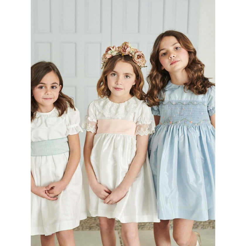 Light Blue Eva Silk Ceremony Girl Hand-Smocked Dress