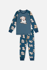 Organic Cotton Two Piece Pajama Set Turquoise Dog Print