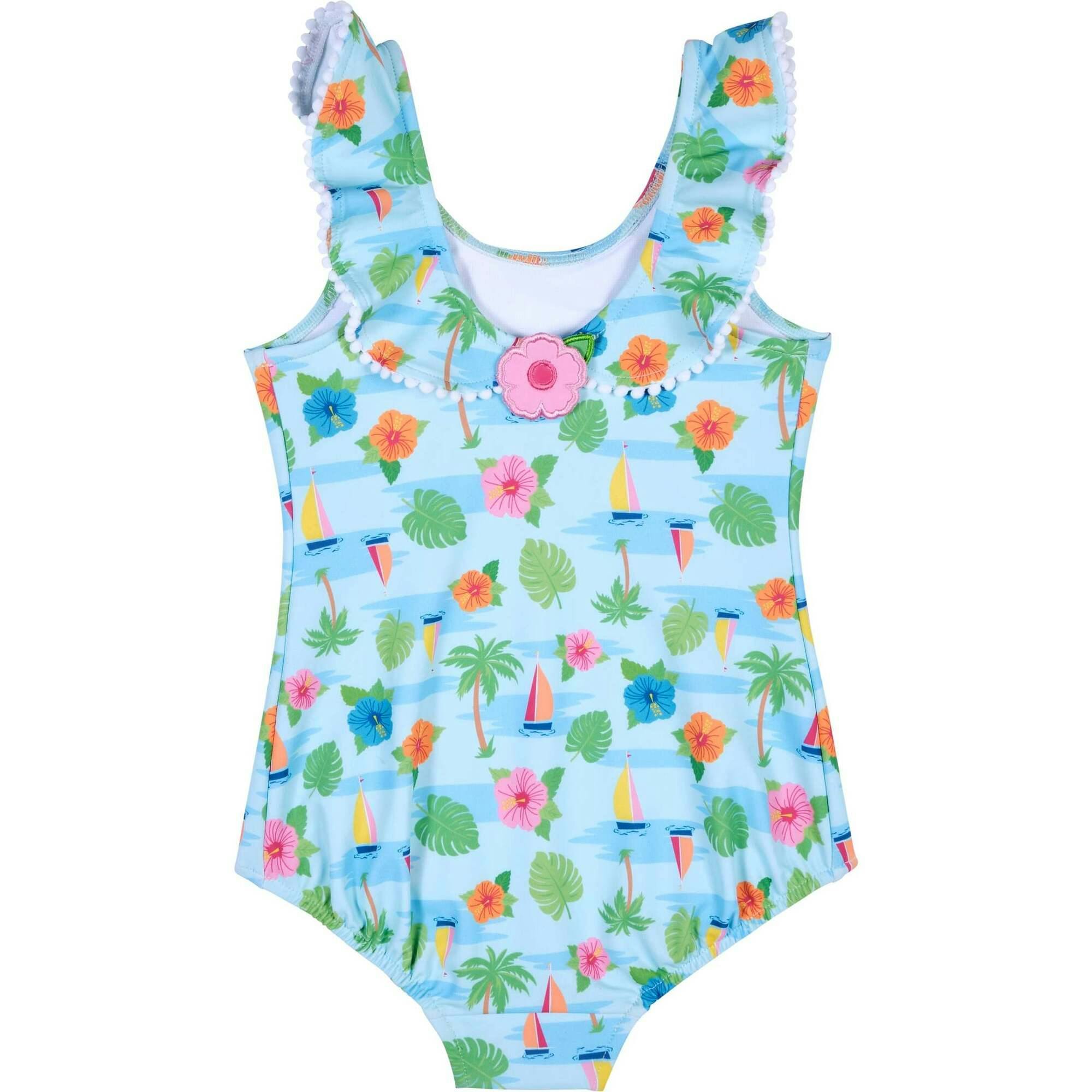 Tropical Print Ruffle Neck Swimsuit