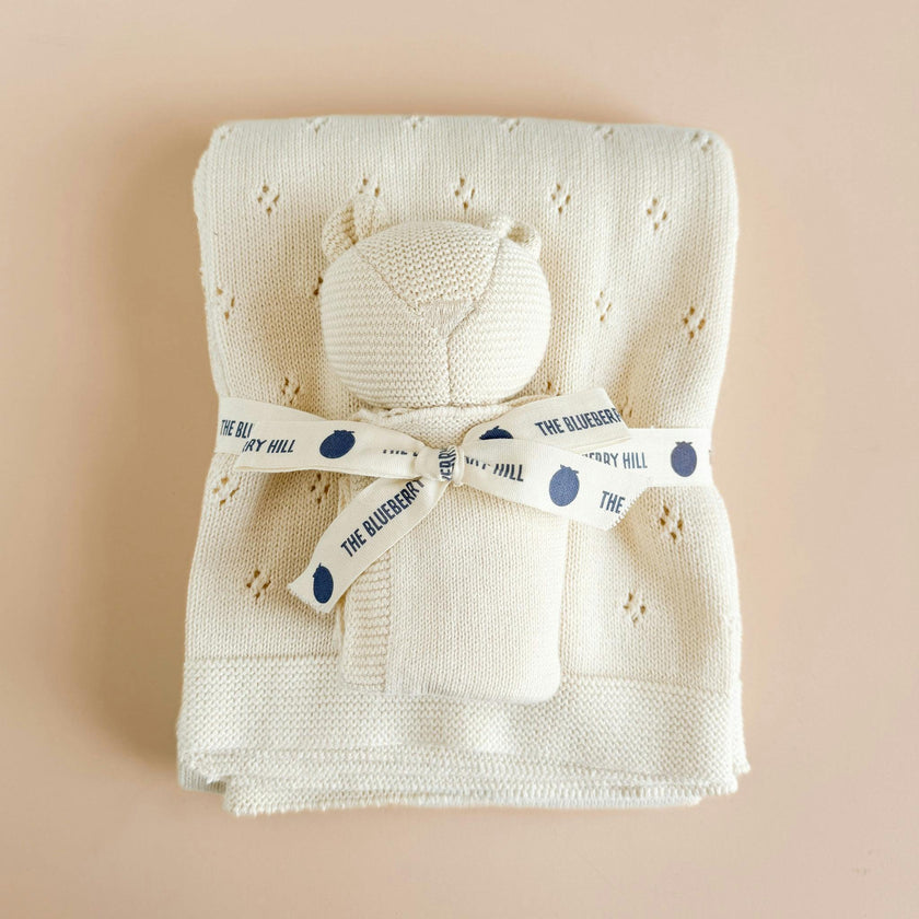 Pique Blanket and Bear Lovey Gift Set - Cream