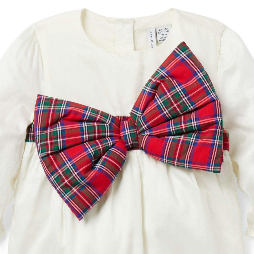 The Tartan Bow Baby Romper, ivory