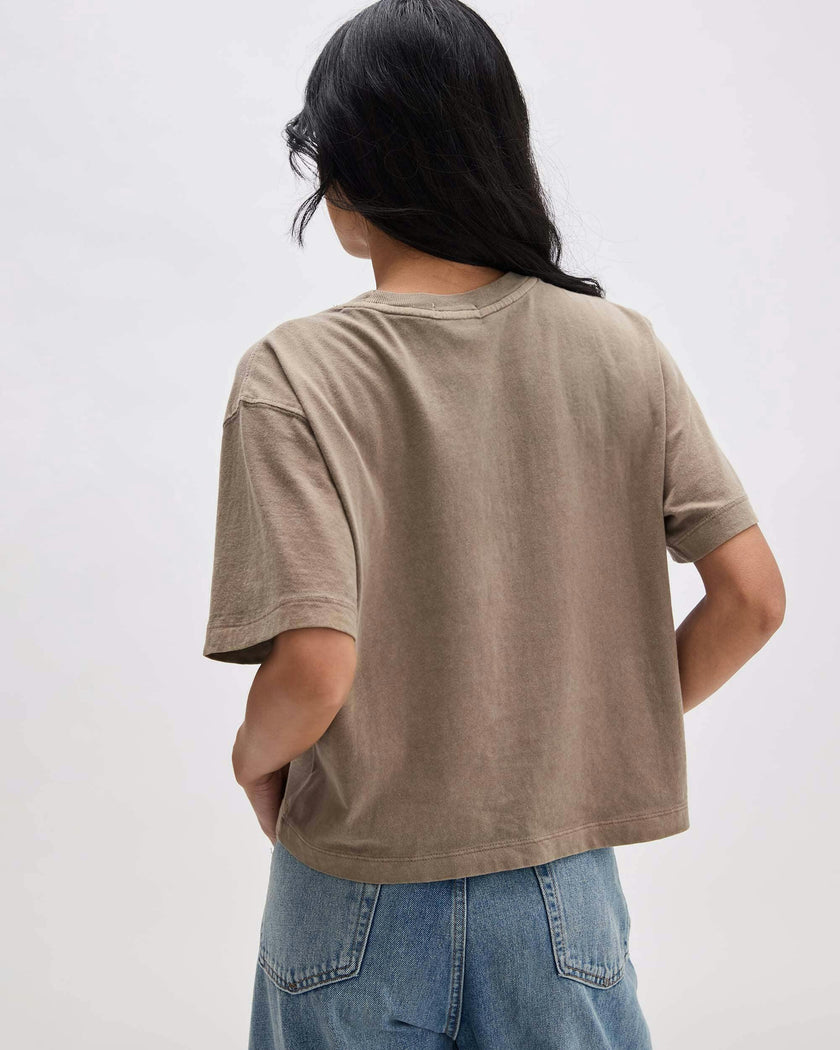 Womens Relaxed Crop Tee - Pigment Dye Jersey - Warm Grey