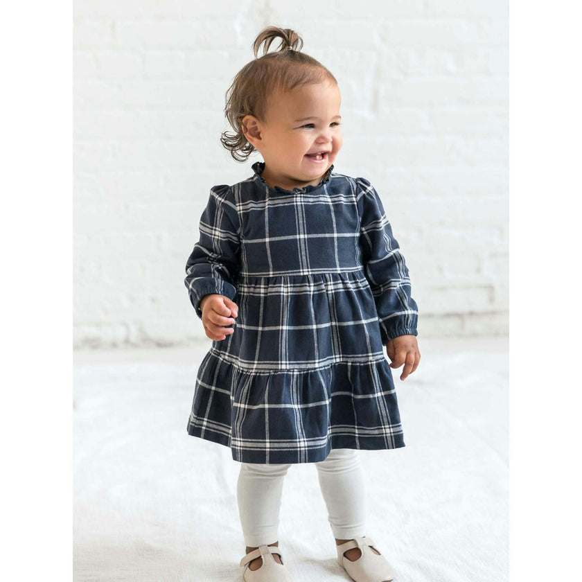 KENDI Neela Flannel Ruffle Neckline Long Sleeve Dress Navy Plaid