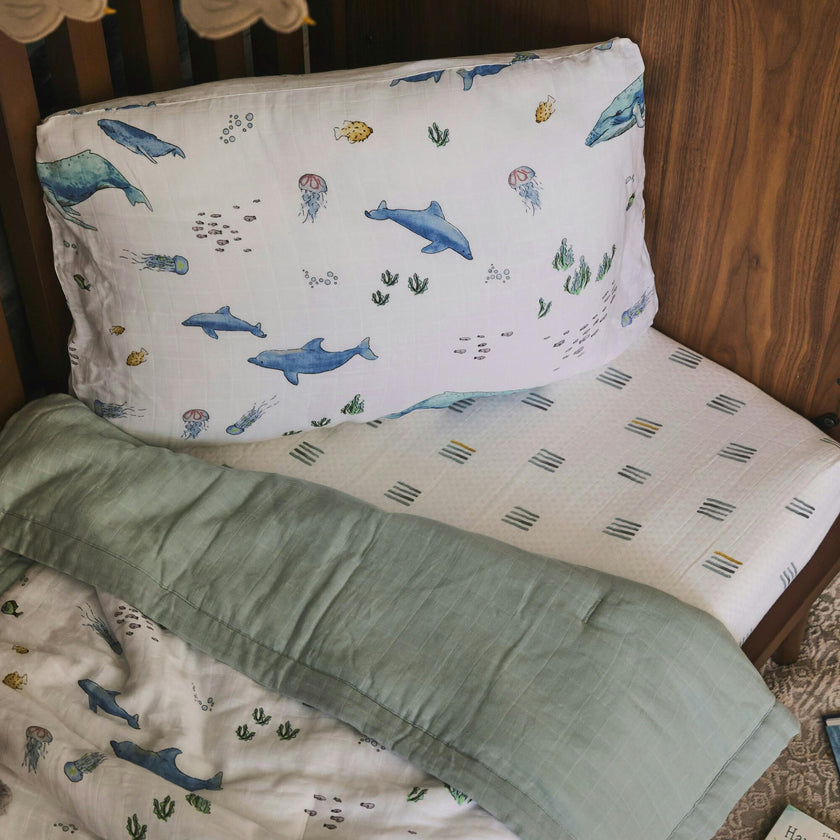 Cotton Muslin Toddler Bedding 3 Piece Set - Whales