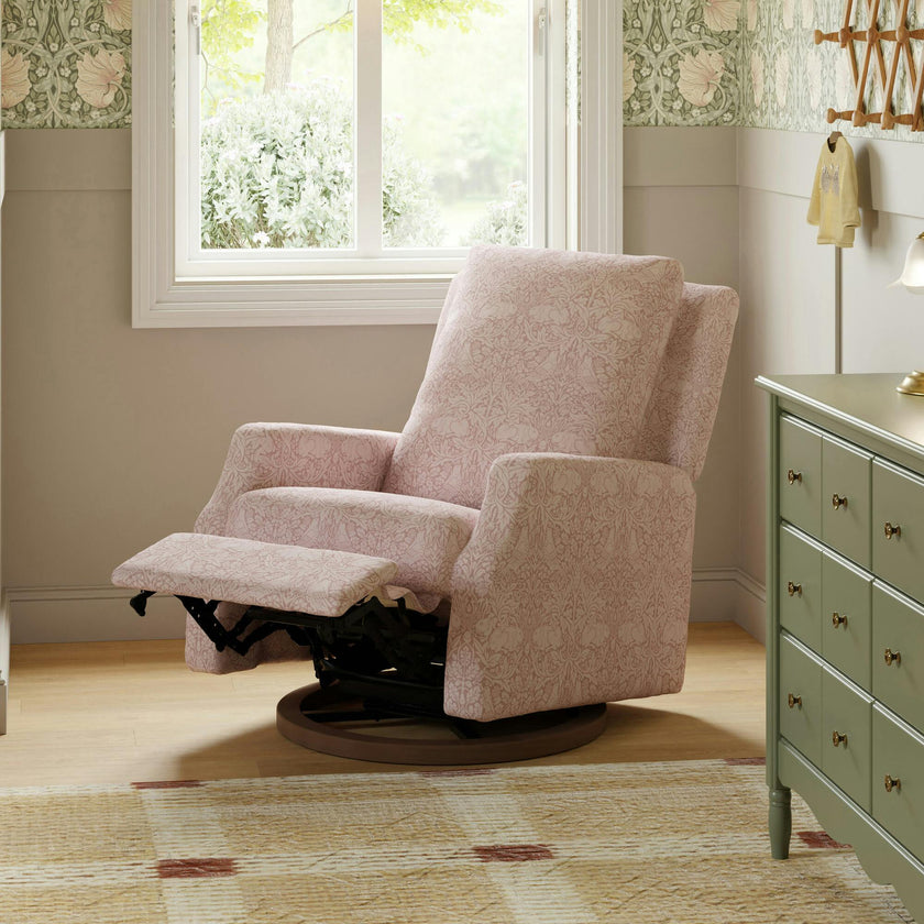 Morris & Co. x Namesake Crewe Recliner and Swivel Glider in Pure Brer Rabbit in Rose Performance Eco-Weave with Dark Wood Base