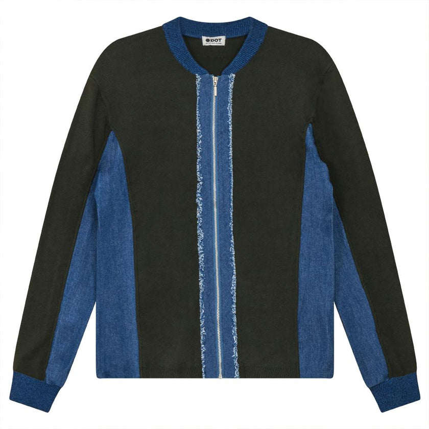 Ribbed Knit With Denim Trim Zip Up