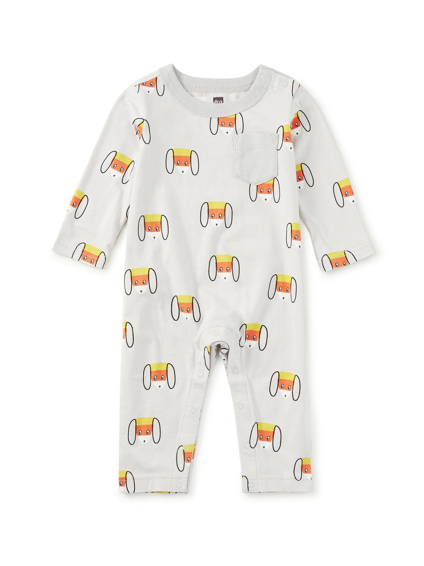 Long Sleeve Pocket Baby Romper, Candy Corn Dog