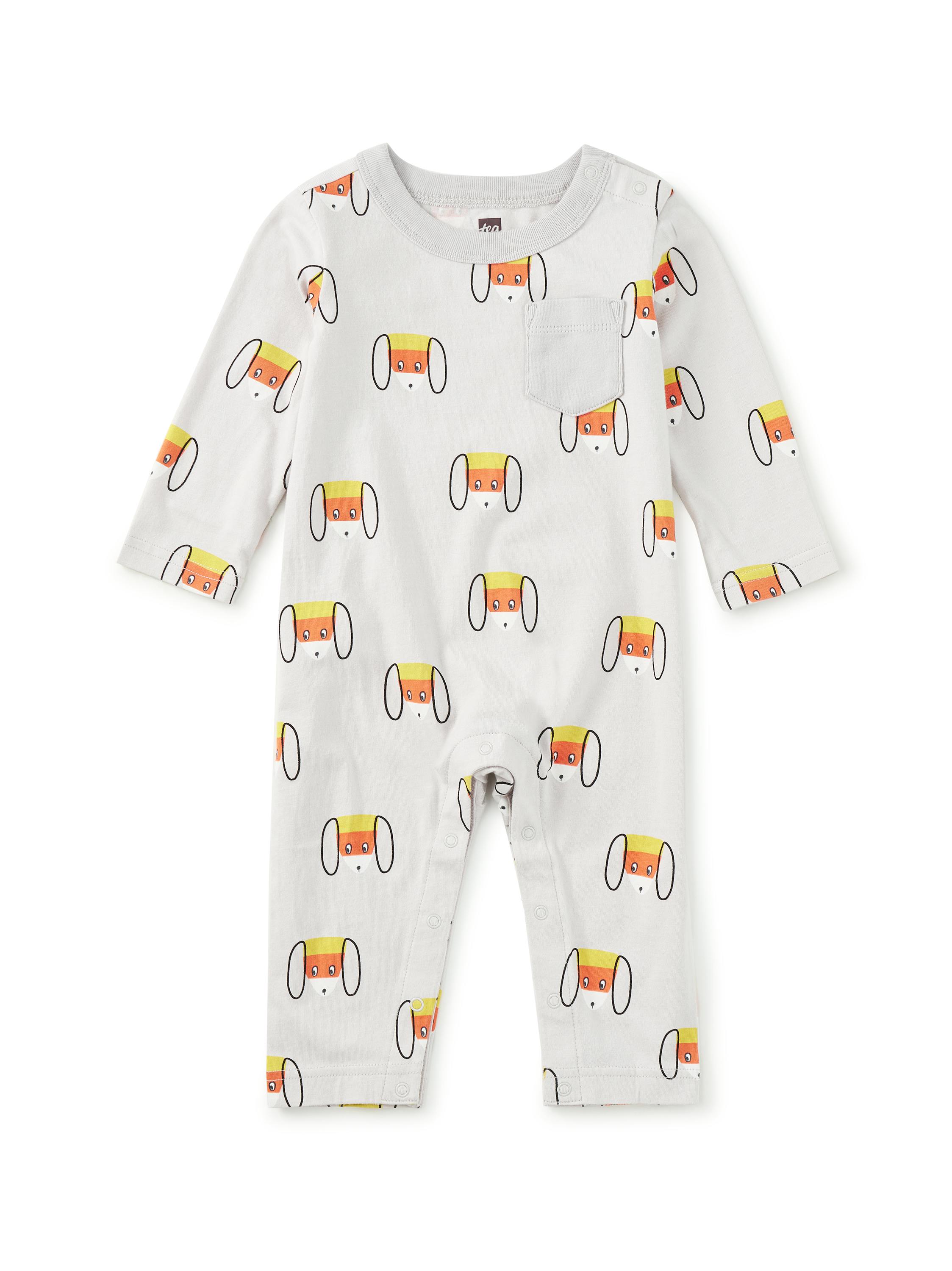 Long Sleeve Pocket Baby Romper, Candy Corn Dog