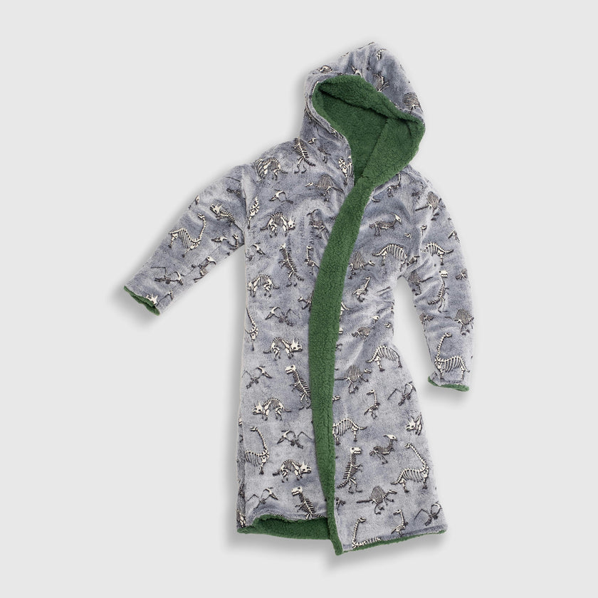 Cozy Switch Robe – Reversible Glow-in-the-Dark & Sherpa Robe for Kids, Green Dino Bones